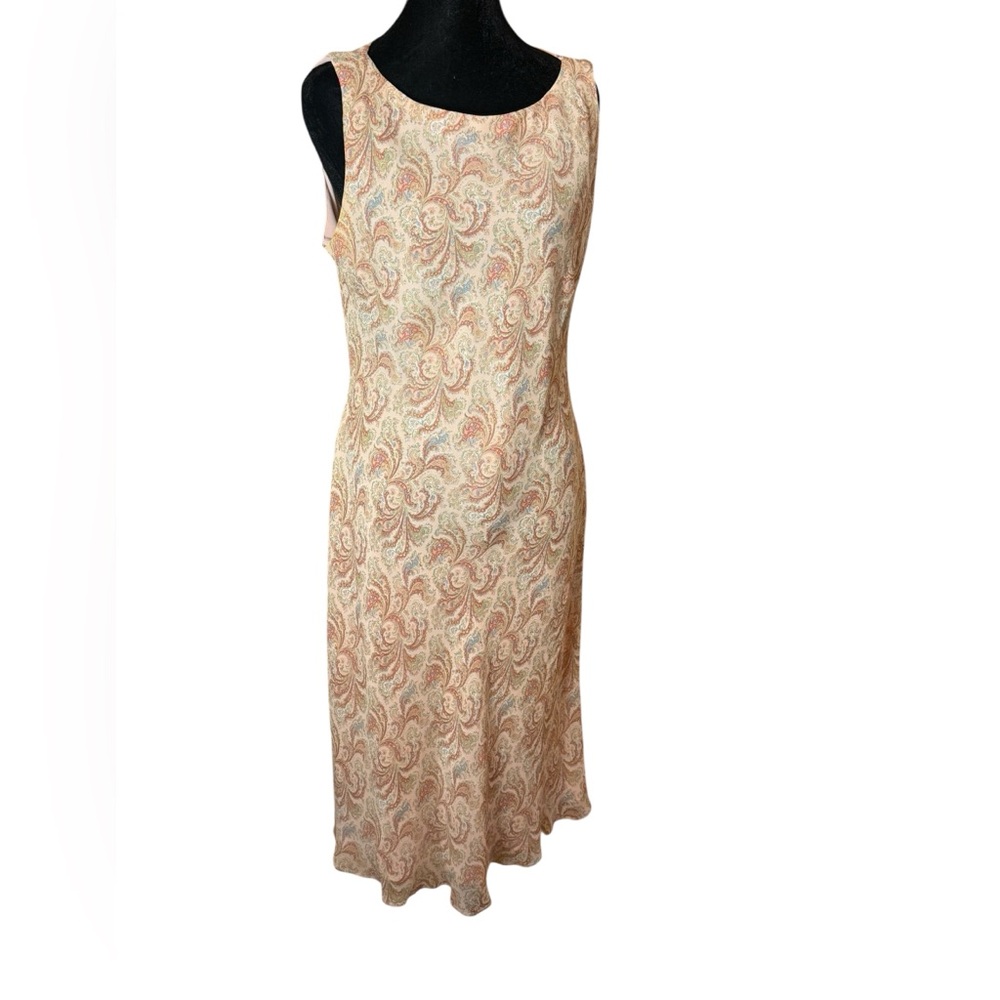 Ann Taylor 100% Silk Paisley Midi Dress Sleeveless Pink Tan Size 12 - Picture 4 of 10